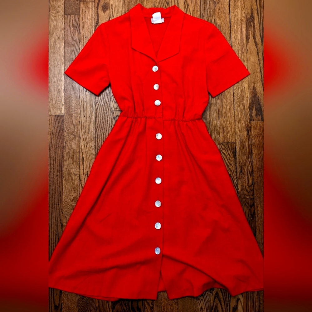 Vintage red 90s dress, 8P, button-up, midi length, mother of pearl buttons